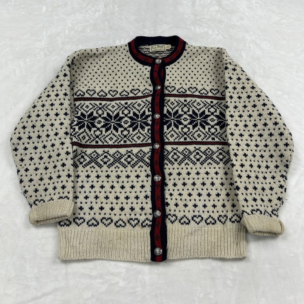 L.L. Bean Cardigan Sweater Womens Large Cream Fair Isle Wool Snowflake Button